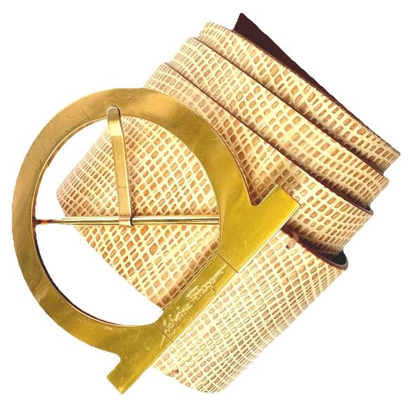Ferragamo Gancini Belt Beige Leather Gold Gancini Buckle | Vintage Luxe Gift NEW - Picture 6 of 16
